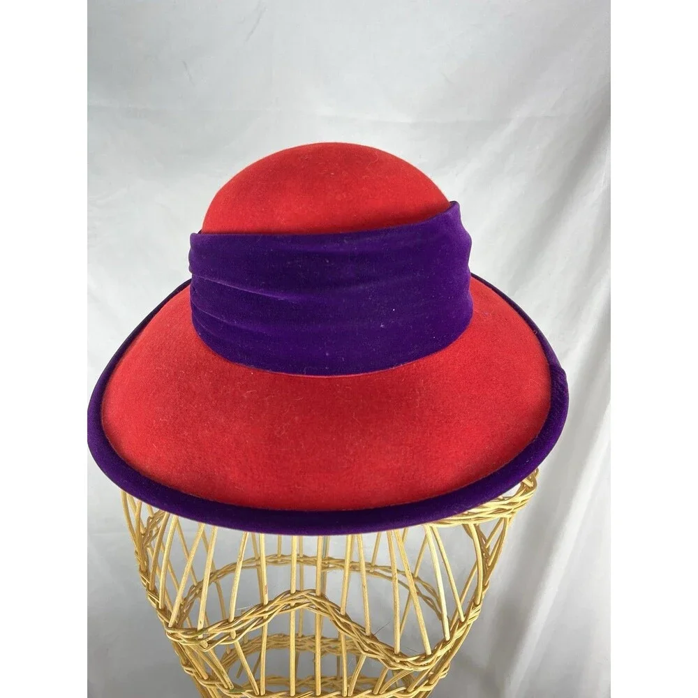 Scala Vintage Red Wool Wide Brim Hat Purple Trim Flower Church Derby Tea
